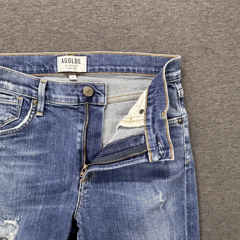 AGOLDE Jeans Womens 27 Blue Distressed Skinny Raw Hem Mid Rise 28x29‎ Made USA